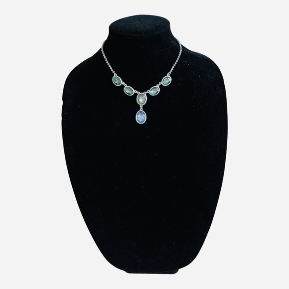 Trifari Sterling Silver Green Blue Topaz Gemstone Y Drop Necklace NWOT - Picture 2 of 5